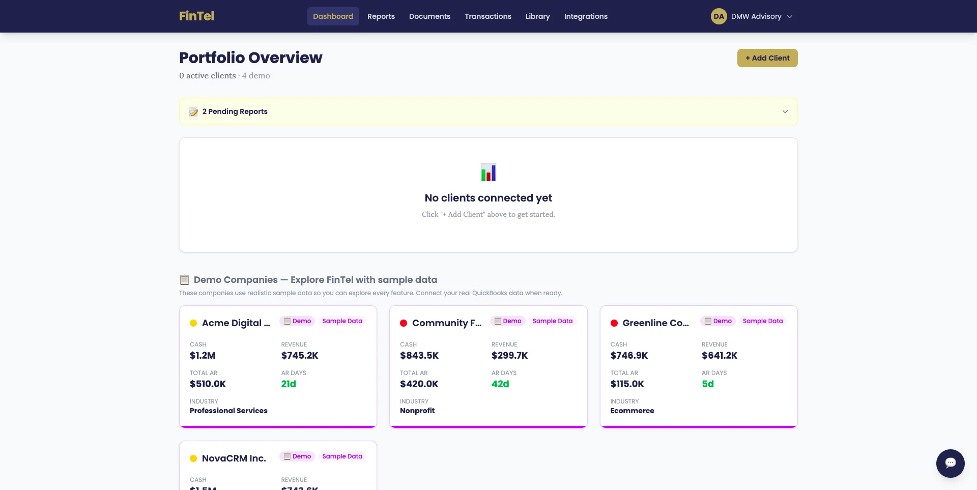 DMW FinTel Portfolio Dashboard showing multi-client health indicators